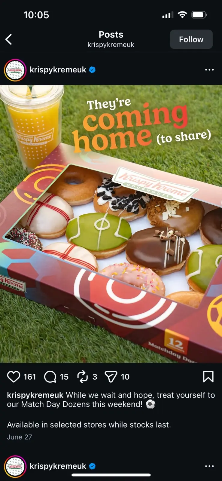 Krispy Kreme UK Match Day Dozen Instagram post with the line They’re coming home to share